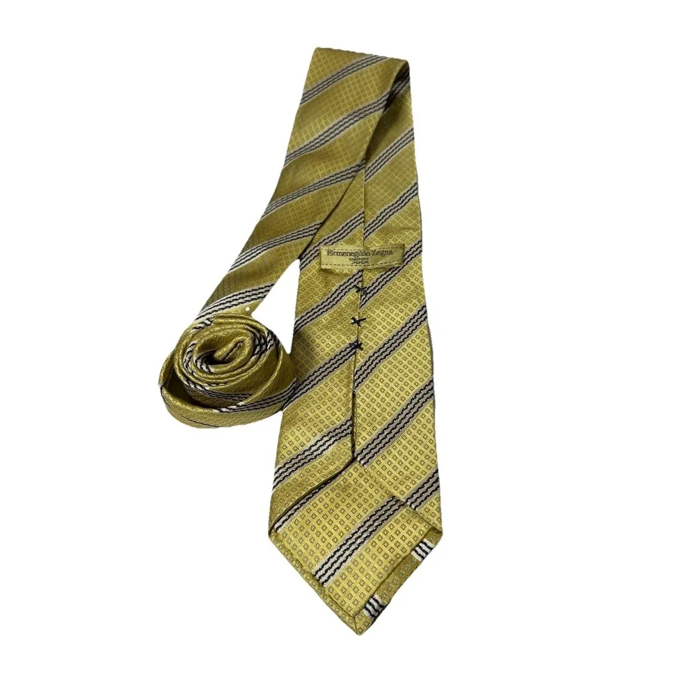 Ermenegildo Zegna Couture Silk Tie Yellow Gold Geometric Stripe Italian Mens